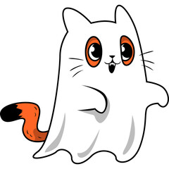Cute Cartoon Ghost Cat With Orange Eyes And Tail On Transparent Background White Body Fun And Whimsical Halloween Character Design