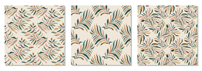 Set of trendy minimalist seamless botanical pattern with abstract creative hand drawn composition