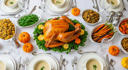 A beautifully roasted turkey centerpiece surrounded by thanksgiving side dishes on a formal table setting