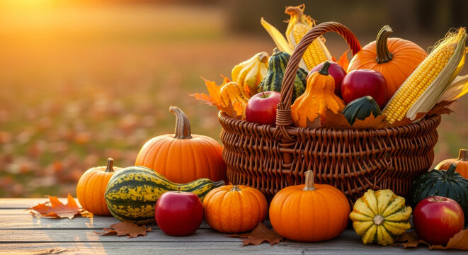 A woven basket overflowing with autumn harvest vegetables and fruits at sunset - Powered by Adobe