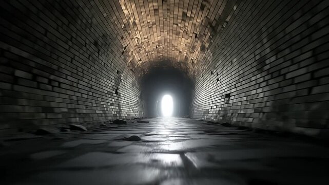 A dynamic FPV rush through a dark, historic brick tunnel toward a blinding white light at the end, symbolizing hope, perseverance through darkness, transformation, and the certainty of a new beginning