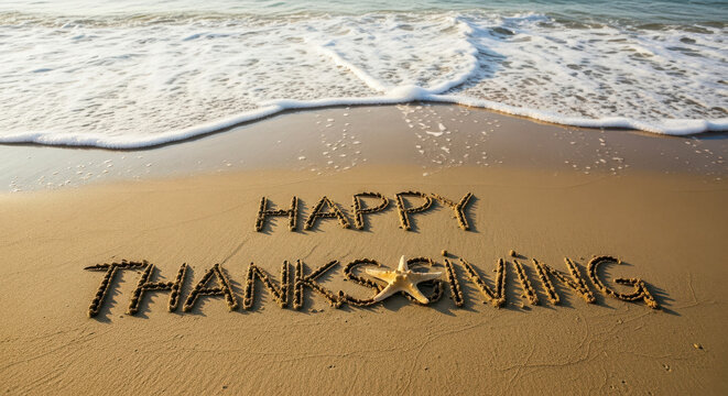 Happy thanksgiving written in sand on a beach with gentle waves