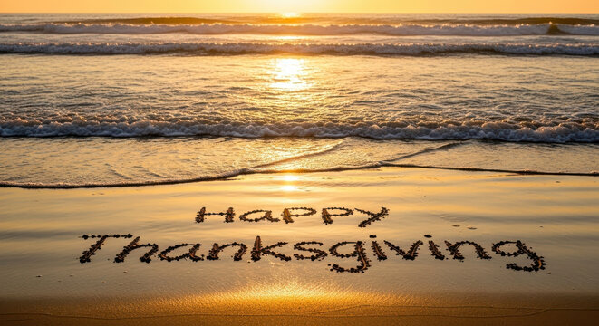Happy thanksgiving message written in sand on a beach at sunset