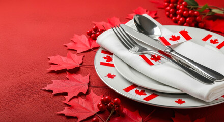 A festive canadianthemed table setting with maple leaves and red berries on a red tablecloth