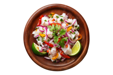 Sliced shrimp ceviche with mango cubes, red onion, herbs, and lime on wooden plate isolated on white transparent background. Concept of South American cuisine