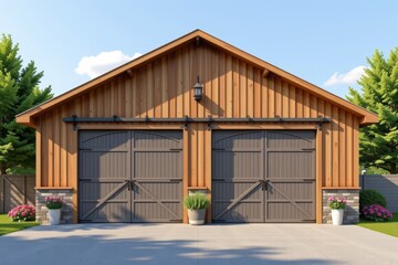 Fototapeta premium Wooden garage with double doors and landscaped surroundings.
