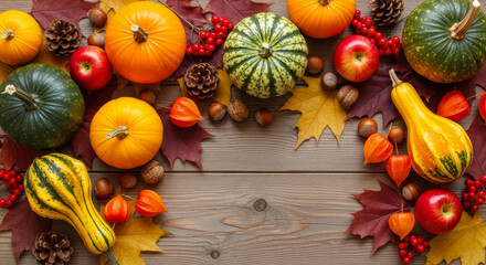 Overhead view of a rustic wooden table filled with various pumpkins, apples, leaves, and nuts
