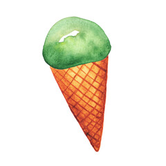 Bright, creamy ice cream. A sweet scoop in a waffle cone. Hand-drawn watercolor illustration of the dessert for an ice cream parlor ad.