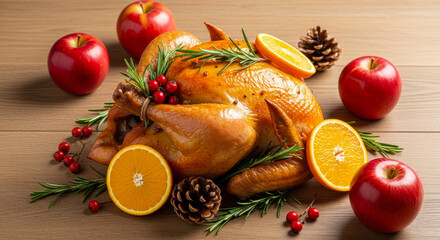 A beautifully roasted whole turkey garnished with rosemary, cranberries, oranges, and pinecones on a wooden table