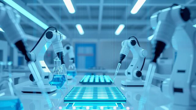 Robotic arm laboratory automation pipette microchip blue light biotechnology research precision sterile futuristic innovation science technology