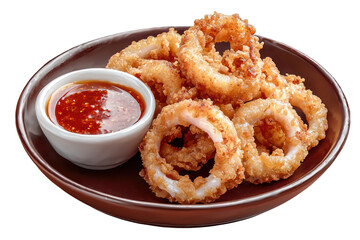 Crispy fried calamari rings with dipping sauce food photo on transparent background