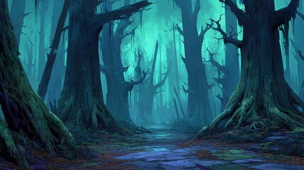 Enchanted Forest Pathway with Misty Atmosphere and Gloomy Trees