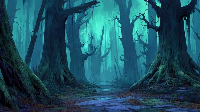 Enchanted Forest Pathway with Misty Atmosphere and Gloomy Trees