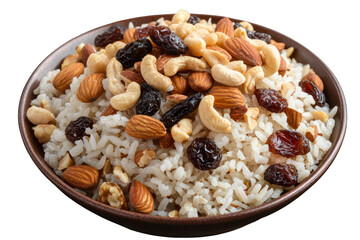 Rice with nuts and raisins healthy food bowl delicious meal on transparent background