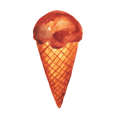 Bright, creamy ice cream. A sweet scoop in a waffle cone. Hand-drawn watercolor illustration of the dessert for an ice cream parlor ad.