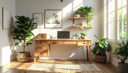 Interior view showcases a bright, inviting home office featuring a wooden desk, natural light from a large window, and a collection of lush green plants, creating a serene and productive workspace.