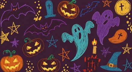 Whimsical Halloween Illustration with Bats, Ghosts, Pumpkins, and Stars