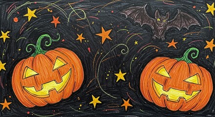 Halloween Night with Pumpkins, Bat, and Stars Drawn with Chalk