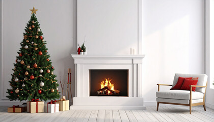 Cozy Christmas Room with Fireplace and Decorated Tree.