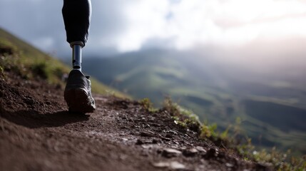 A person with a prosthetic leg hiking a mountain trail, determined and inspirational.