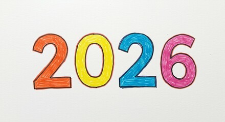 Hand-drawn Colorful Numbers 2026 on White Textured Background