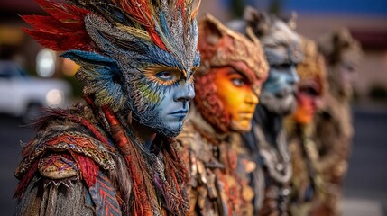 Colorful Costumed Characters in Vibrant Nature-Inspired Attire