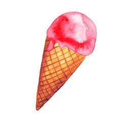 Bright, creamy ice cream. A sweet scoop in a waffle cone. Hand-drawn watercolor illustration of the dessert for an ice cream parlor ad.