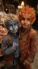 Two Kids Dressed in Colorful Fantasy Costumes for Theater or Event
