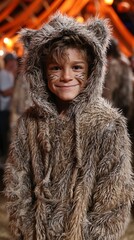 Young Boy in Furry Animal Costume Smiling at a Fun Event