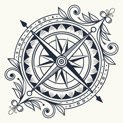 Ornate compass rose with floral elements isolated on white background