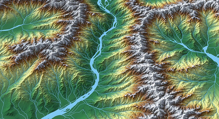 Detailed Topographic Map Rendering of Mountainous Terrain with River
