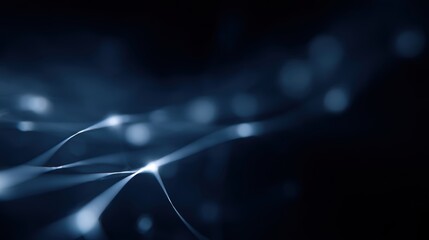 3D render of a neural network with glowing nodes and connections, dark blue background.