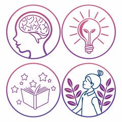 Four circular icons representing education and ideas isolated on white background