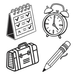 Collection of school and office supplies isolated on white background