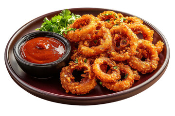 Crispy fried onion rings with dipping sauce appetizer food on transparent background