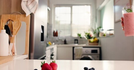 Hands, smoothie and toast with nutrition in home with organic strawberry, support and healthy weight loss. People, cheers and motivation for liquid diet, detox or drinks for gut health in kitchen - Powered by Adobe