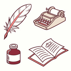 Vintage writing tools and book isolated on white background