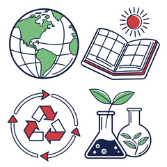 Eco friendly concept icons including planet earth book recycling and plants in beakers isolated on white background