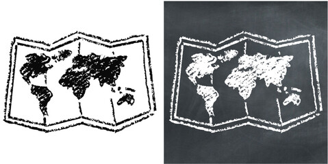 Chalk hand-drawn map icon vector. Ideal for navigation, location, and routing themes. This graphic symbolizes direction, journey, and destination with a unique, sketchy aesthetic.