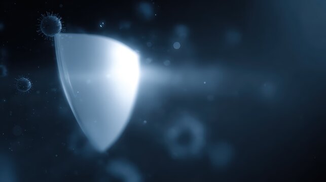 Cybersecurity concept, a glowing digital shield protecting a network from abstract virus symbols.