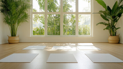 Fototapeta premium Bright yoga studio with natural light and plants, perfect for relaxation and mindfulness