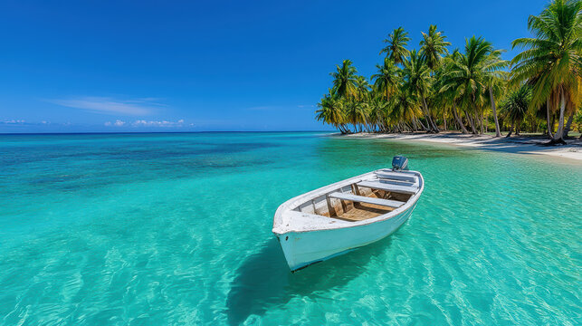 Serene boat floating near tropical island with turquoise water and palm trees