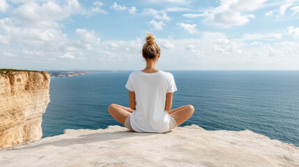 Fototapeta premium Woman sits peacefully on cliff edge, overlooking vast ocean view with clouds above