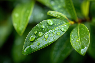 Macro shot of raindrops on green leaves during summer shower
