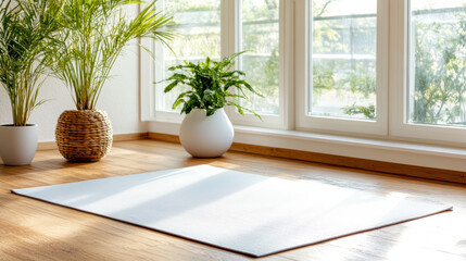 Fototapeta premium Serene yoga mat placed on wooden floor, surrounded by lush plants and natural light