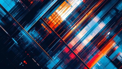 An abstract background with sharp, jagged lines contrasting against smooth, circular shapes. Use a striking mix of deep blues, fiery oranges, and bright whites to create visual tension.