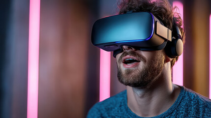 Immersive VR experience with young adult enjoying virtual reality in neon lit room
