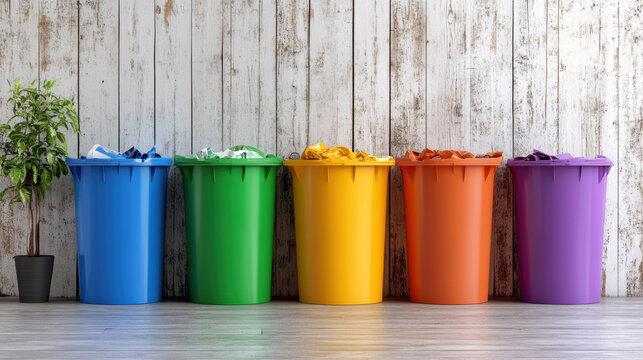 Colorful recycling bins arranged neatly against wooden wall, promoting eco friendly practices