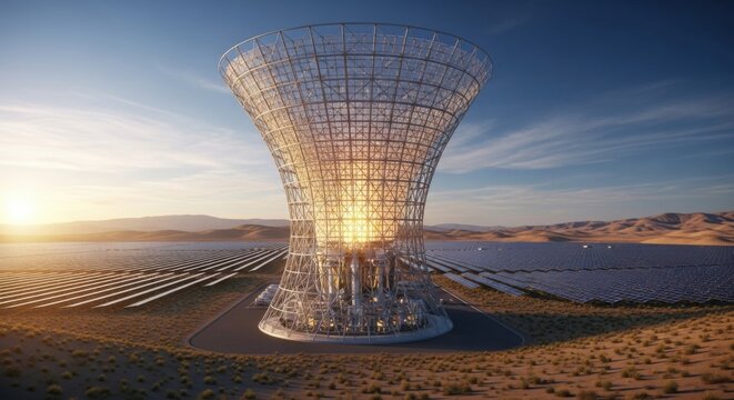 Vast desert solar power complex showcasing advanced decarbonization infrastructure for sustainable energy future