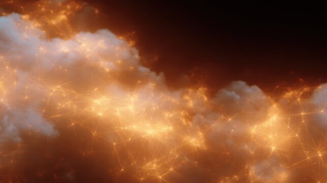 A complex cloud computing network visualized as interconnected, glowing clouds.